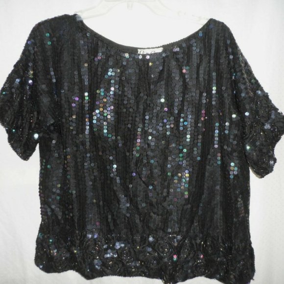NWT CeeCee black sequined and beaded blouse, small/medium - Picture 1 of 6